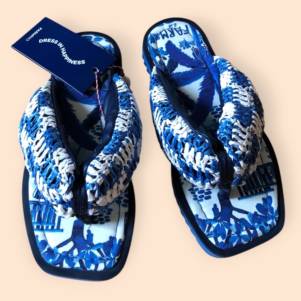 Farm Rio NEW Sweet Rio Raffia Puffy Flip Flop Blue White Vegan Summer Women US 6